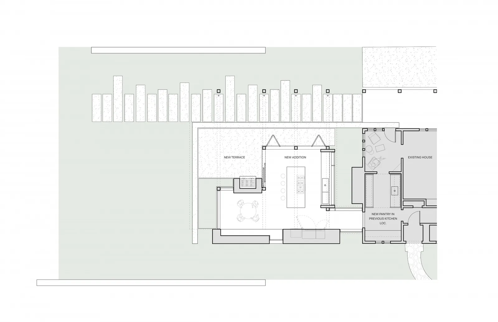 Floor plan illustrating the layout of the new addition, new terrace, new pantry in previous kitchen location, and the existing house.