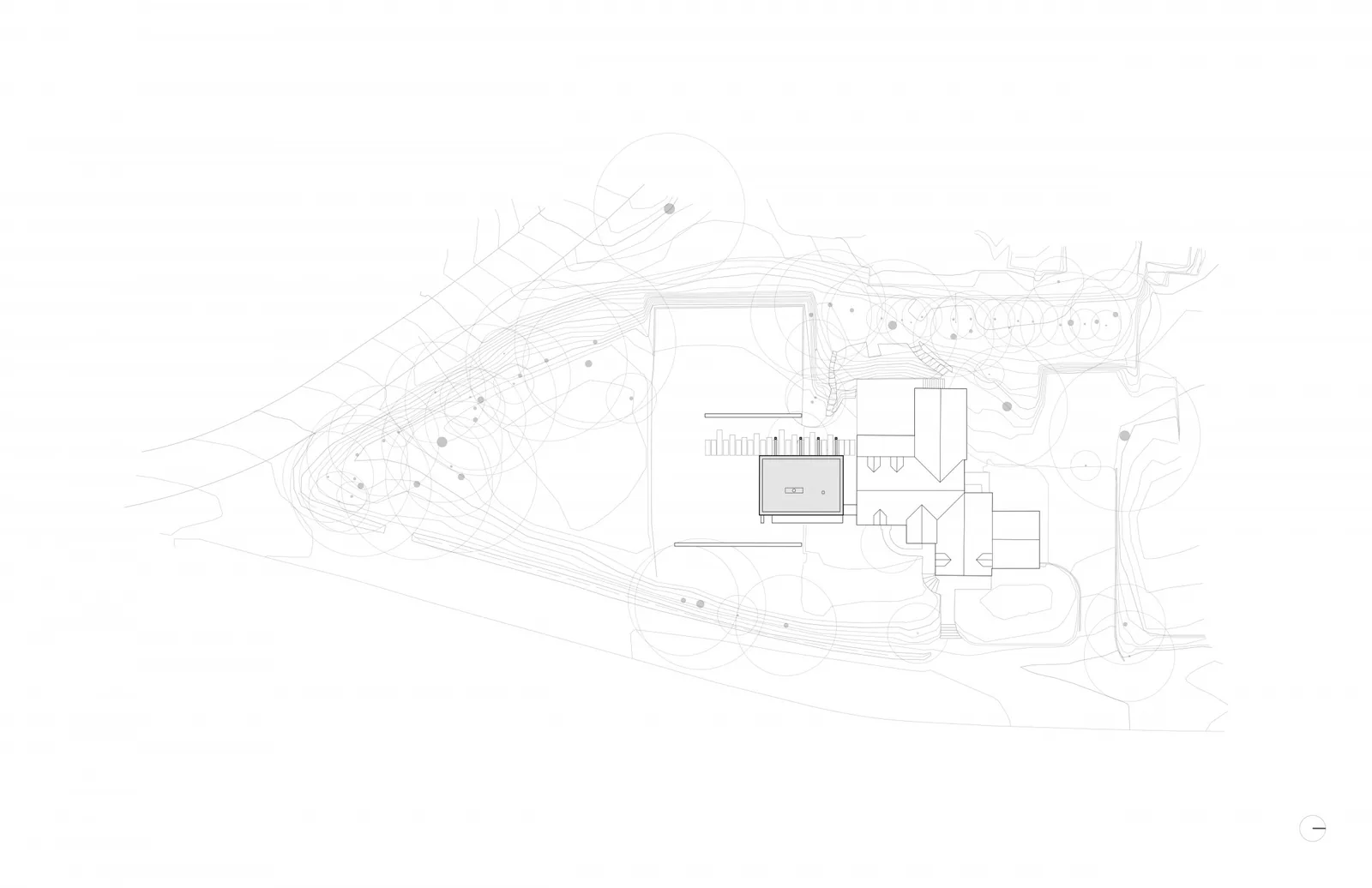 Site plan drawing illustrating building placement, topography contours, and surrounding landscape elements.