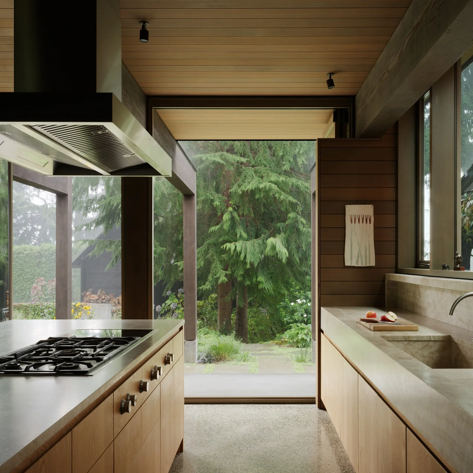 Kitchen with wood cabinetry and concrete countertops featuring floor-to-ceiling glazing overlooking a wooded exterior.