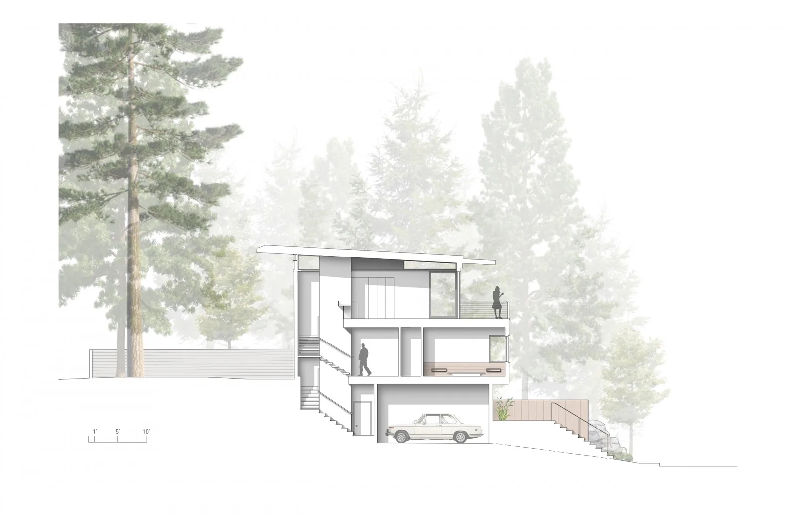 Section drawing of a multi-level house with staircases, windows, balcony, and garage, set within a forested landscape.