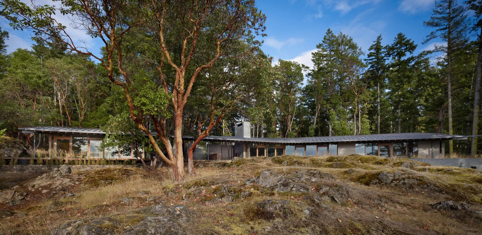 Exterior front view of a modern low-profile house nestled in a wooded, rocky site.