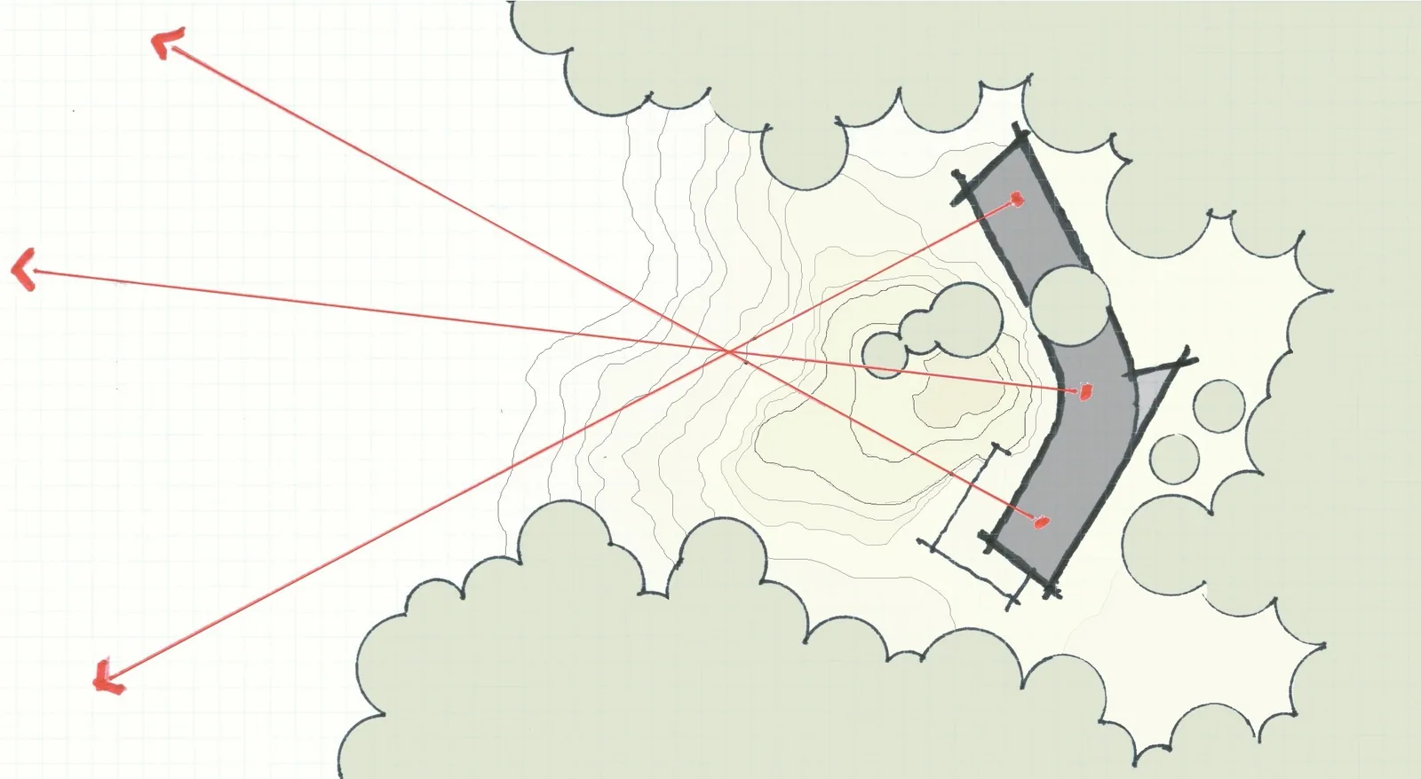 Diagram illustrating lines of sight from a curved building footprint on a topographic site plan.