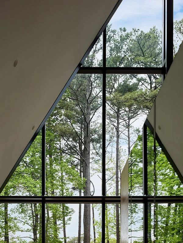 Interior shot of triangular floor-to-ceiling glazing with black grid framing showing views of tall trees outside.