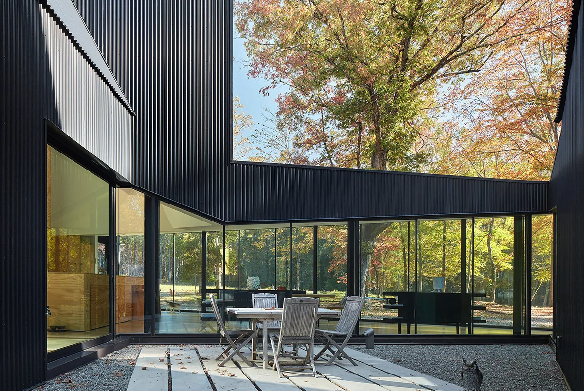 Courtyard view of Steeplechase House features black corrugated metal walls and floor-to-ceiling glazing.