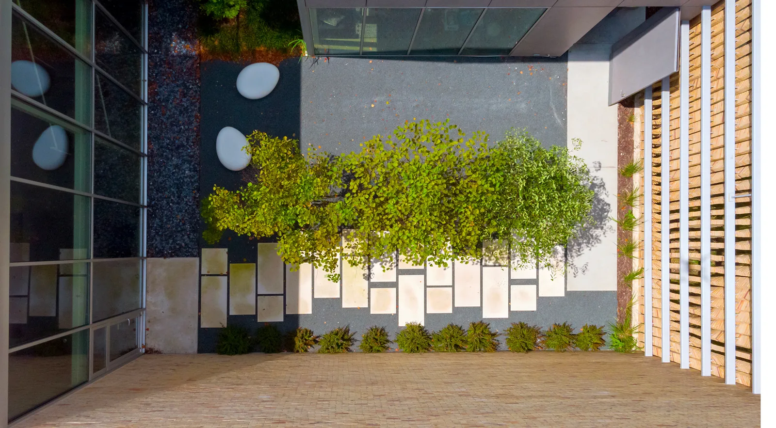 Top-down view of a courtyard featuring rectangular pavers, green plants, two white stone seats, glass exterior wall, and vertical wood slat screens.