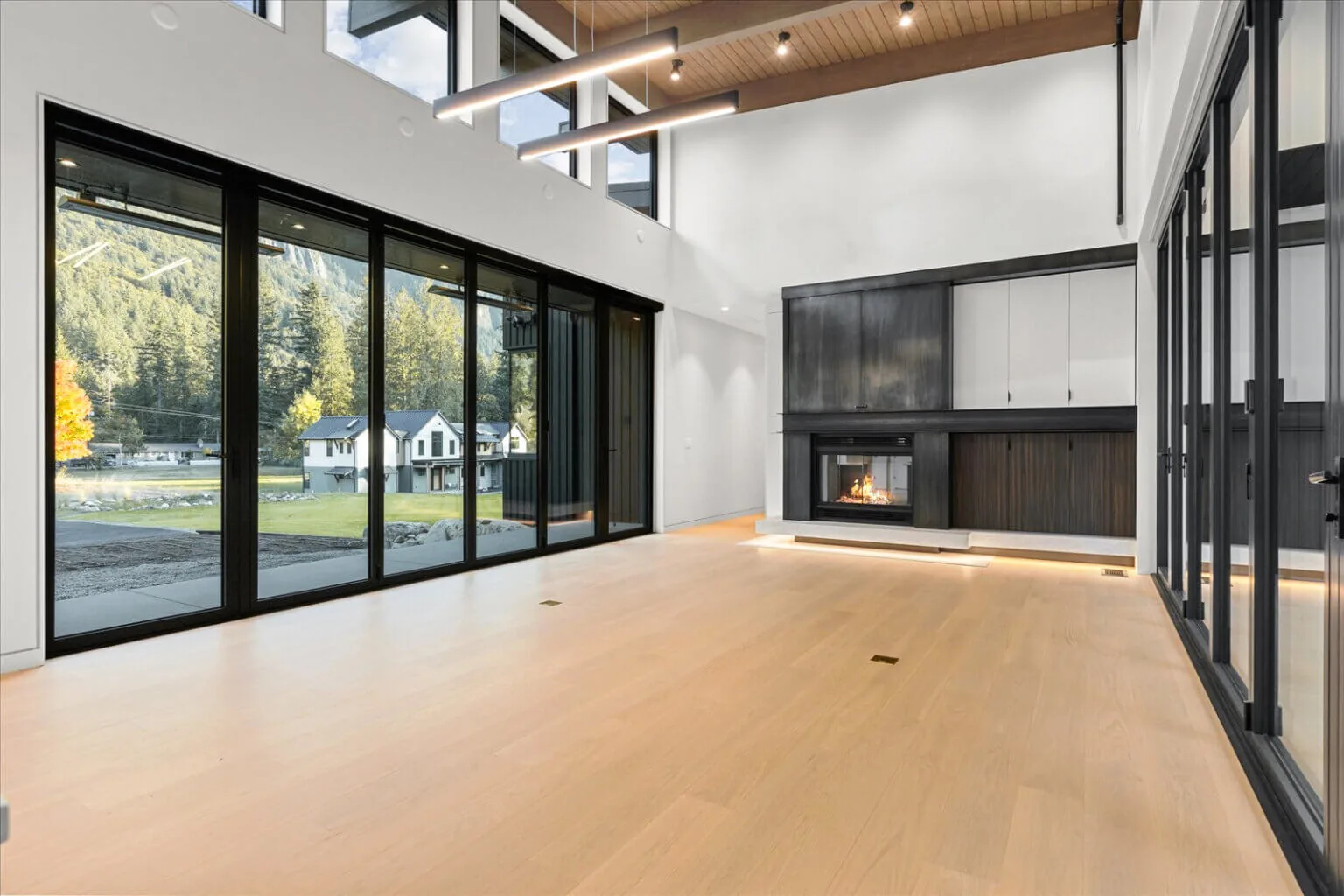 Living room features floor-to-ceiling glazing, light wood flooring, and a fireplace wall with dark wood cabinetry under a vaulted ceiling.
