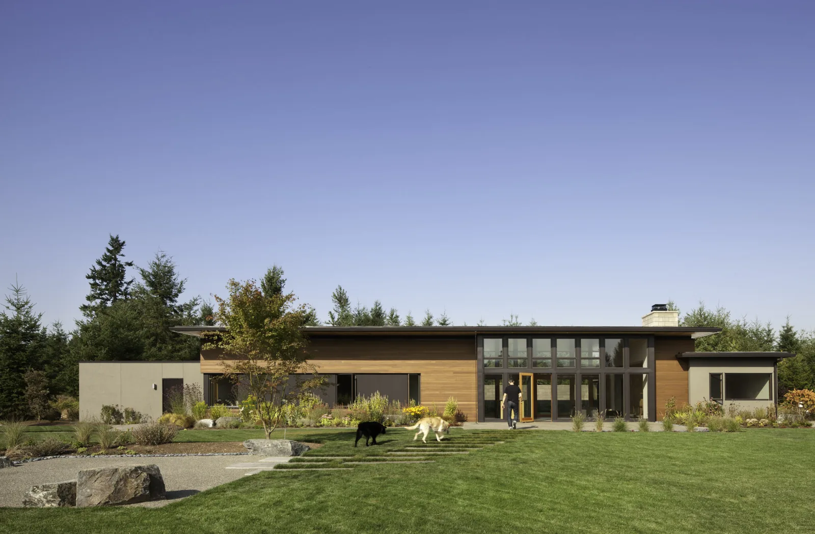 Front view of a single-story modern residence with floor-to-ceiling glazing and mixed wood and stucco cladding.