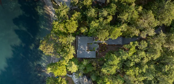 Cape San Juan residence nestled in dense forest by rocky shoreline water, showing house roof and natural surroundings from above.