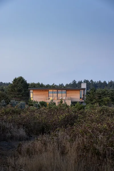 Modern house with wood siding and floor-to-ceiling windows amid natural vegetation.