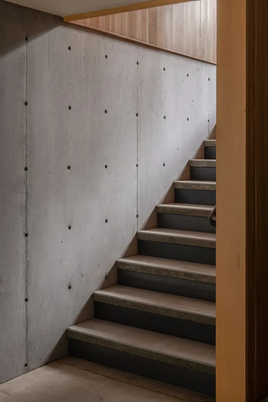 Interior stairway showing exposed concrete walls and wood-clad steps in a minimalist style.