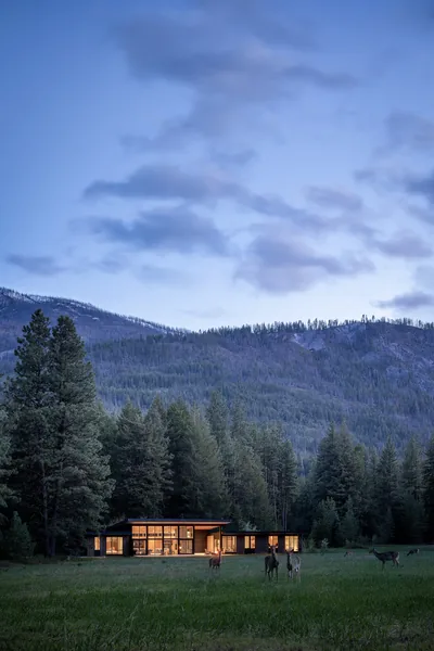 A modern house with extensive glazing is situated in a meadow with surrounding forest and mountain backdrop at dusk.