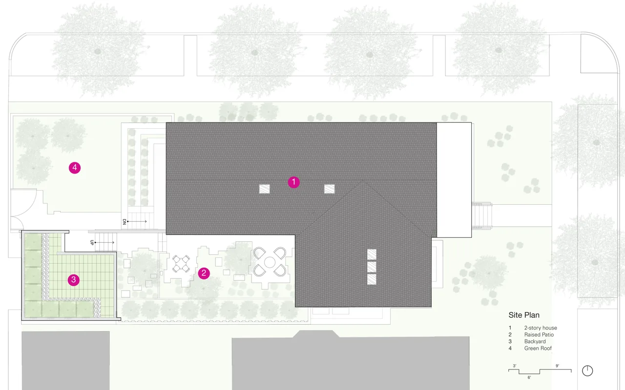 Site plan highlighting the layout of the two-story house with outdoor spaces including a raised patio, backyard, and green roof.