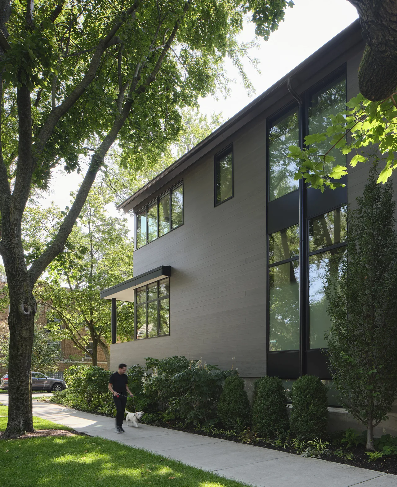 Side exterior of the Lakewood Balmoral Residence showing large black-framed windows and surrounding trees.