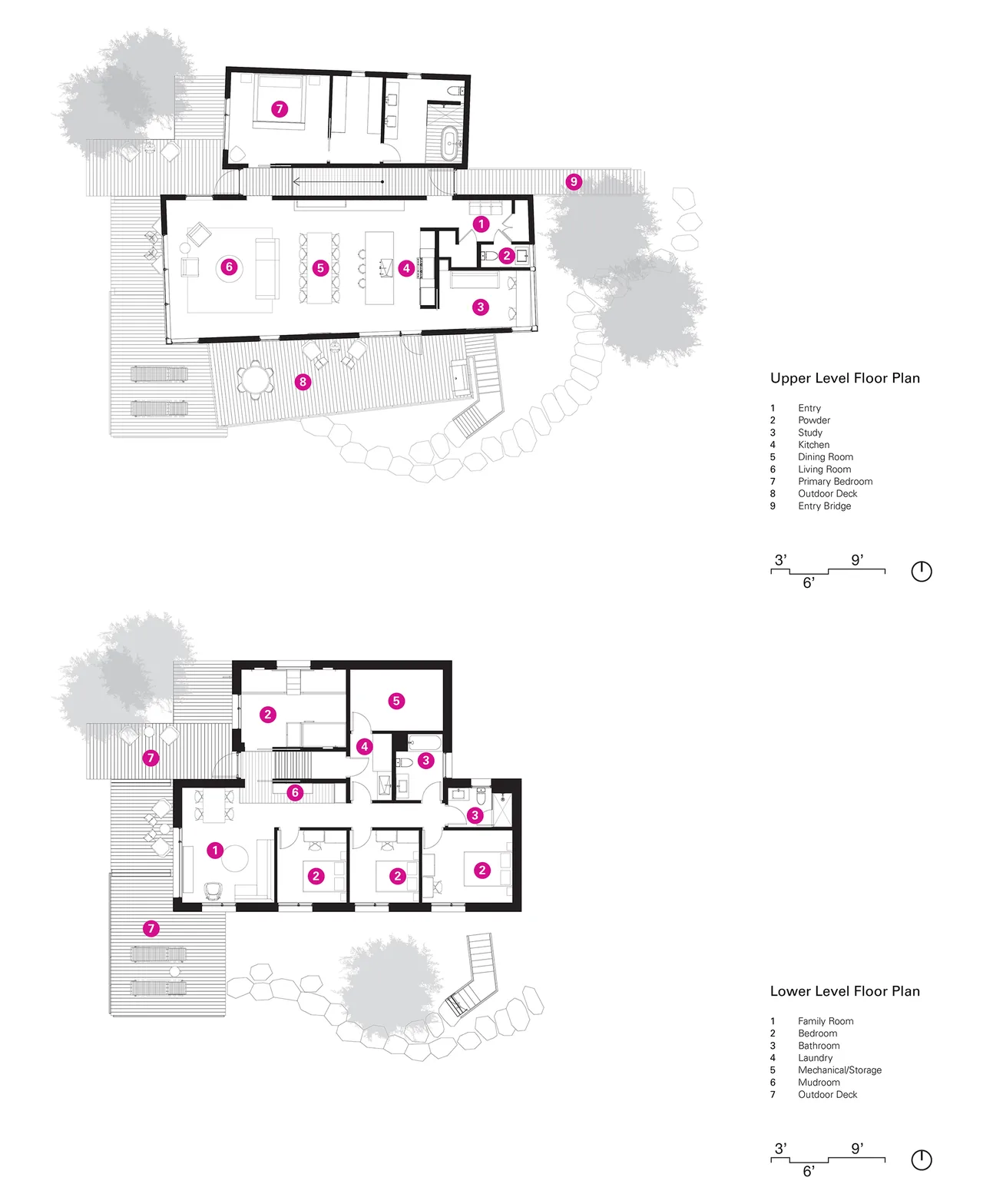 Upper and lower level floor plans illustrating room functions and outdoor spaces of the Sawyer Retreat.