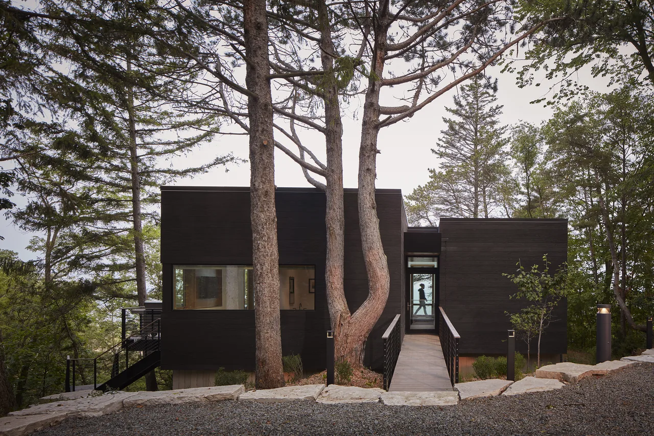 Exterior front view of a modern retreat with dark wood cladding and flat roof, set among trees with a raised entrance bridge.