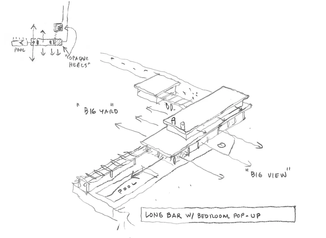 Architectural sketch depicting a long, bar-shaped building with a raised bedroom area, pool, and large yard space.