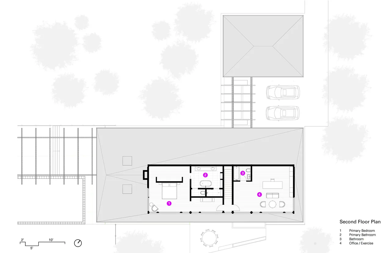 Second floor architectural plan shows primary bedroom with adjacent bathroom, additional bathroom, and office/exercise room.