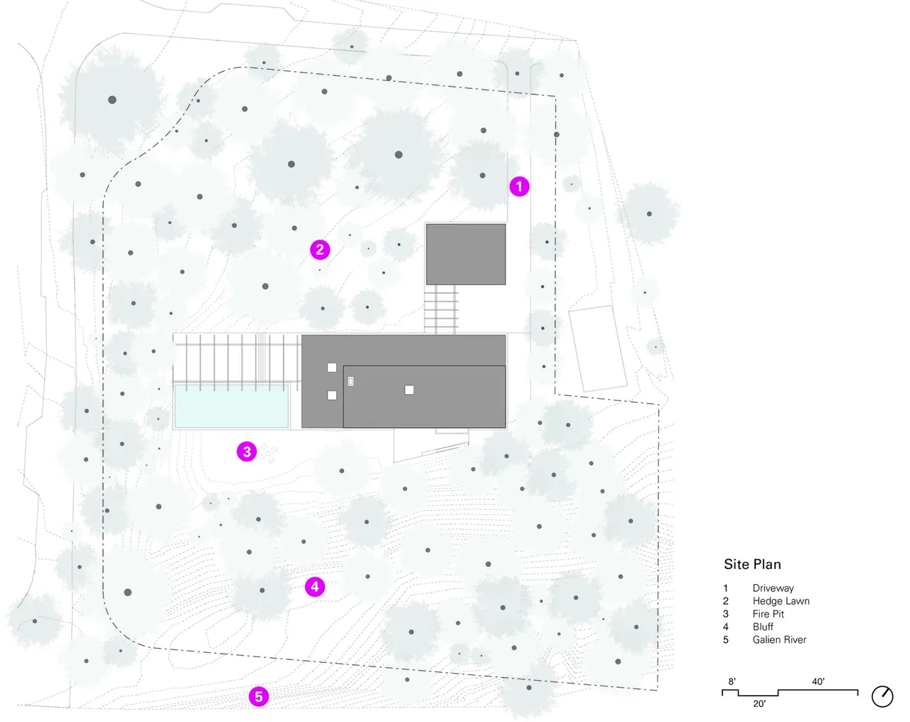 Site plan of Galien River Retreat indicating building footprint and site features with natural contours and vegetation.