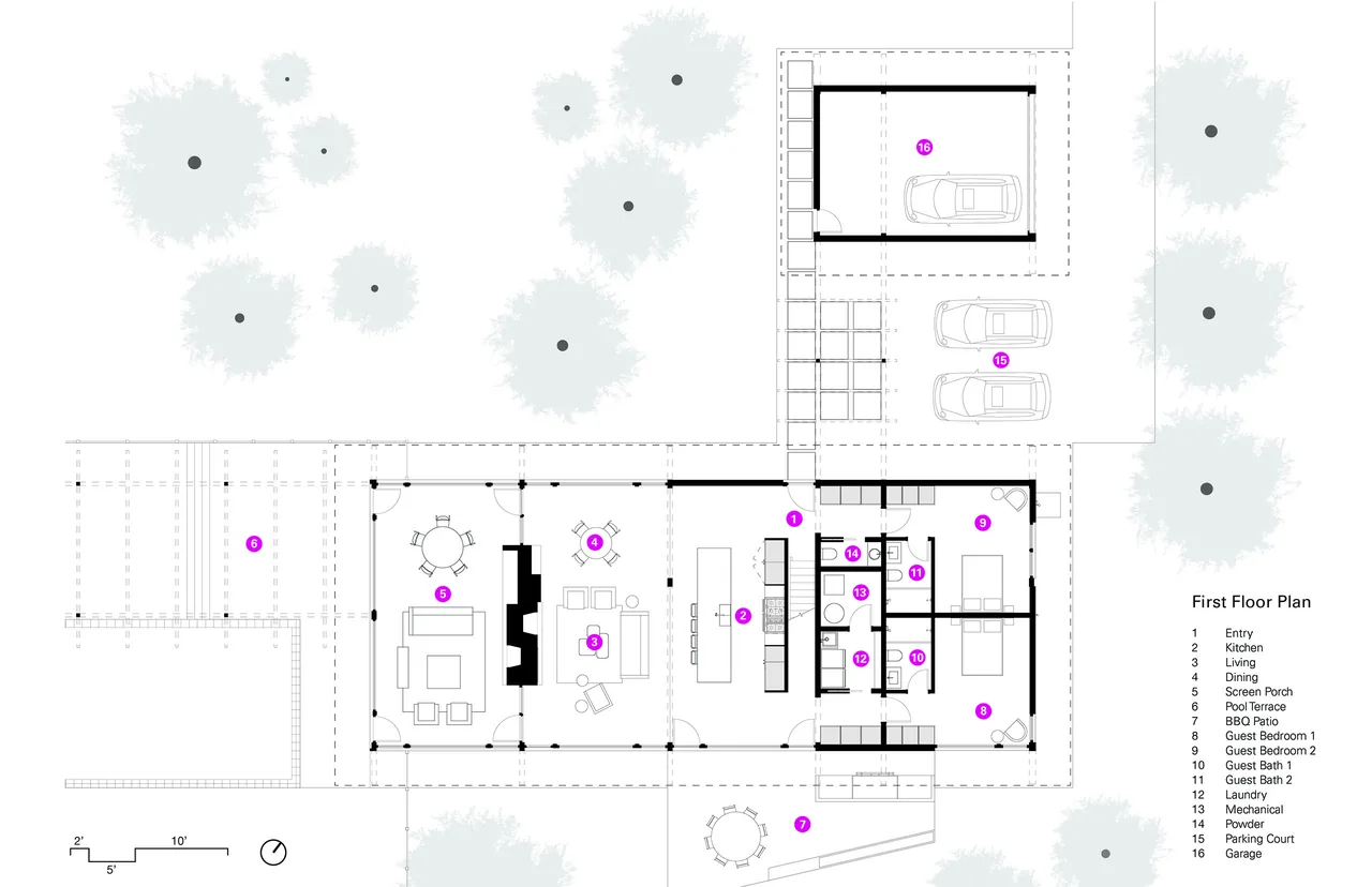 First floor plan of the Galien River Retreat with designated entry, living spaces, bedrooms, baths, and exterior patios.