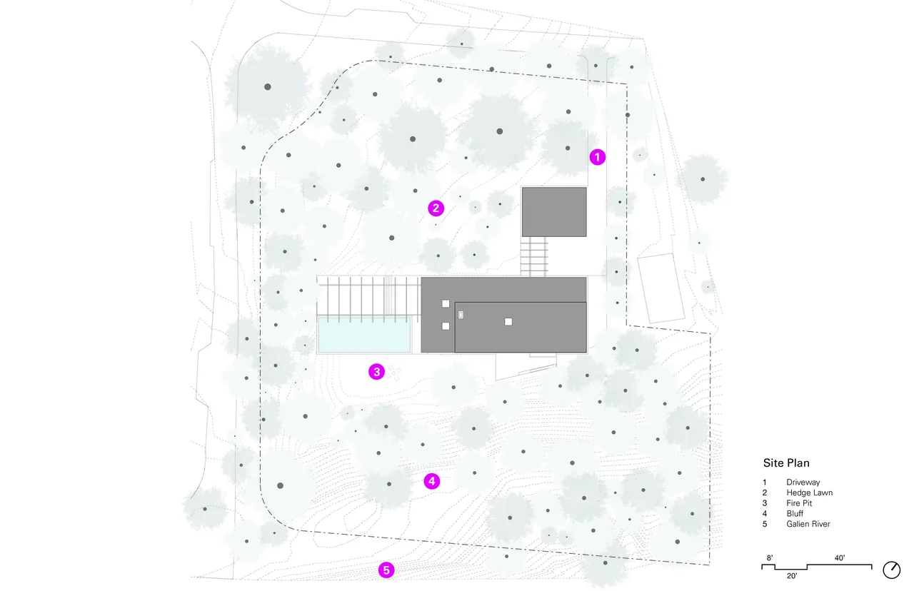 Site plan of Galien River Retreat highlighting key landscape features and building layout.
