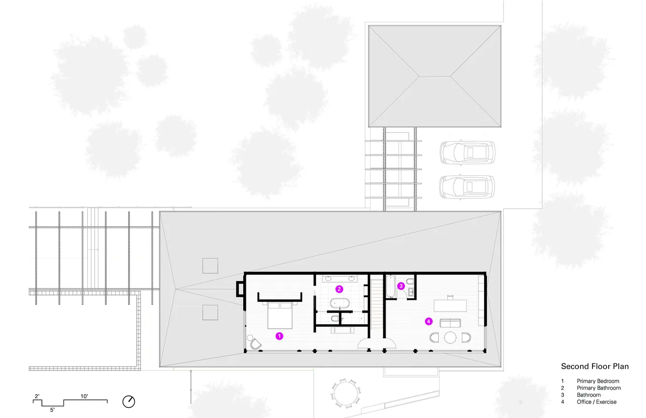 Second floor plan of the Galien River Retreat depicting room arrangement and sanitary fixtures layout.