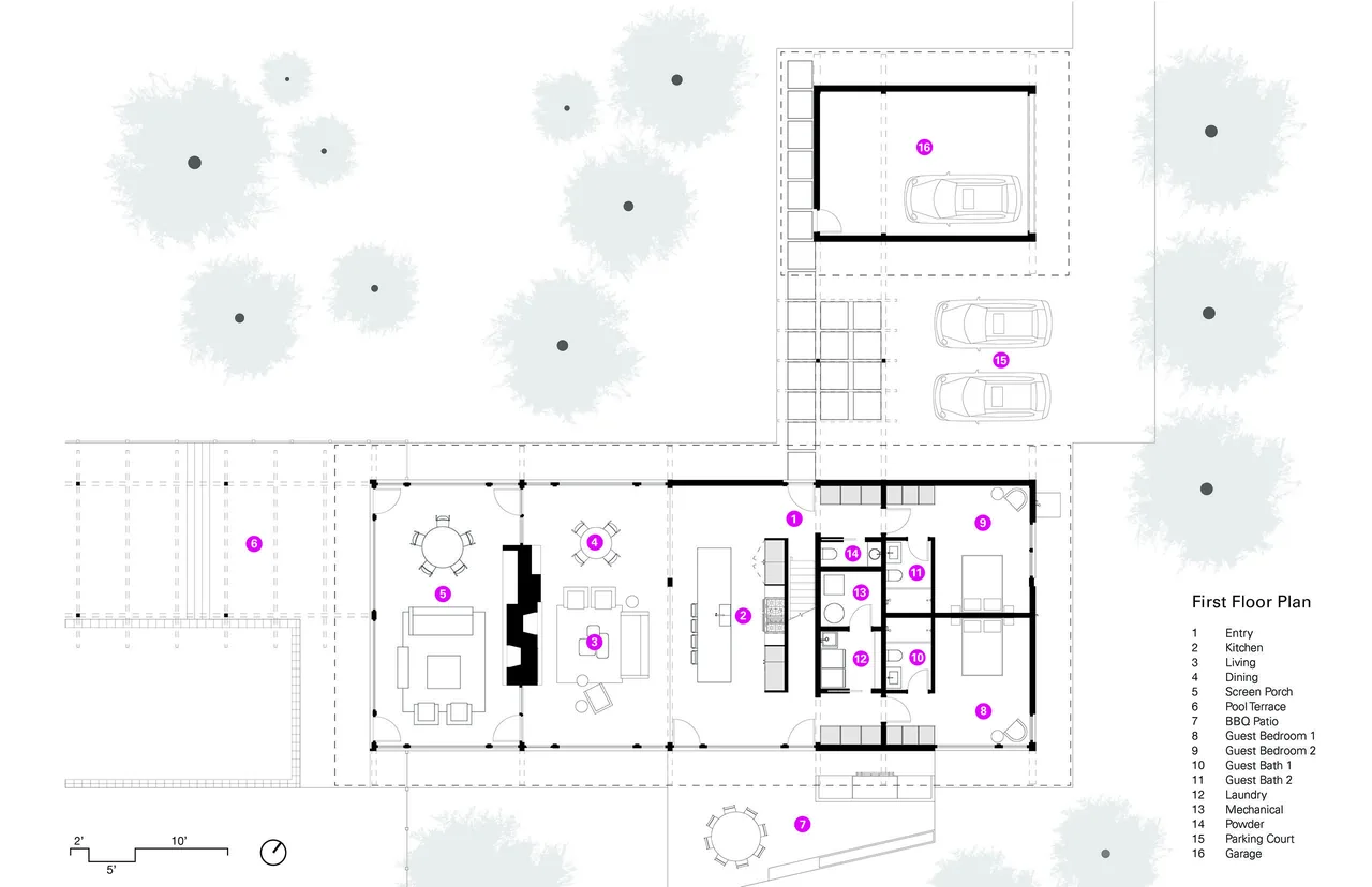 First floor plan of Galien River Retreat showing entry, kitchen, living and dining areas, guest bedrooms, and exterior terraces.