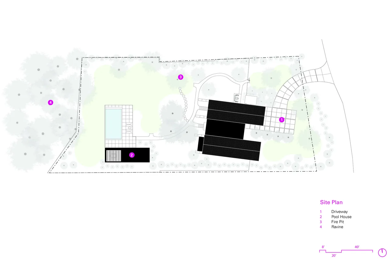 Site plan of 'Two Gables' project displaying driveway, pool house, fire pit, and ravine layout.