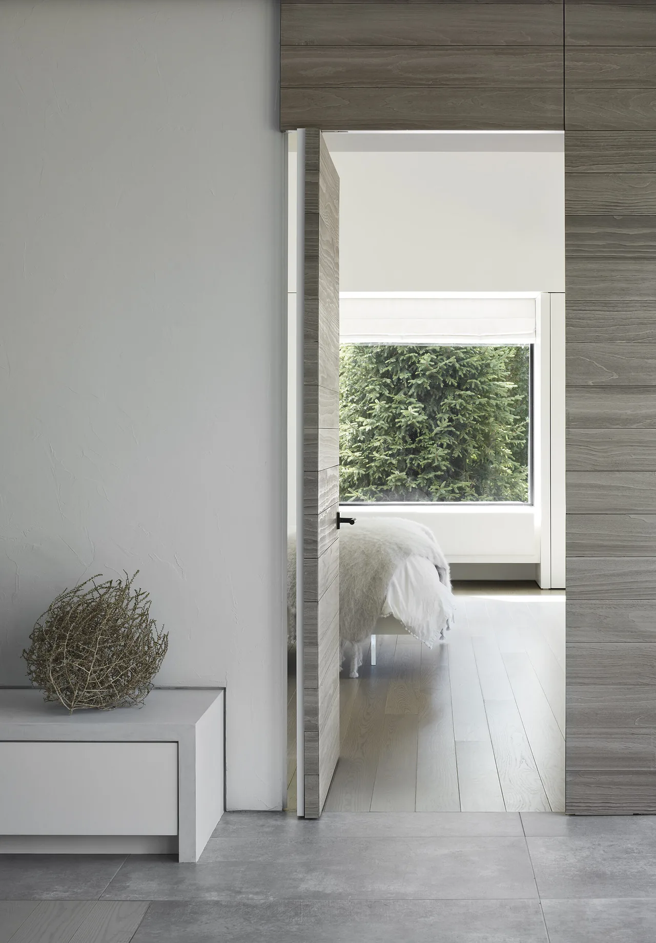 Looking into a bedroom with light wood flooring and a large window revealing dense evergreen trees outside.