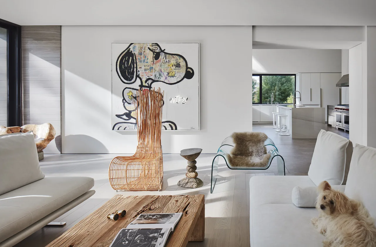 Living room features modern furniture and a large abstract dog artwork with an open view through to the kitchen.