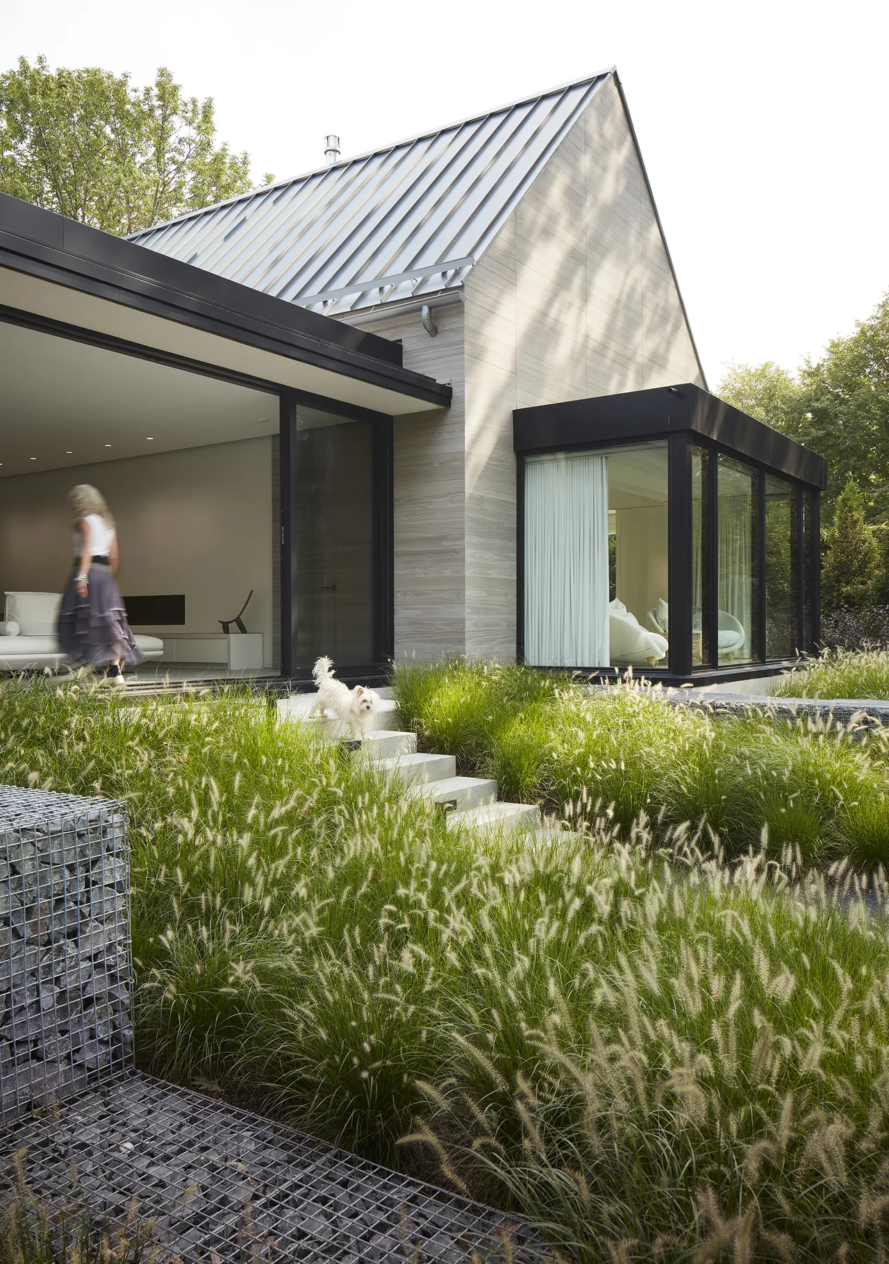 Two Gables project features a metal gable roof, large picture windows with black frames, and landscaped grounds with ornamental grasses.