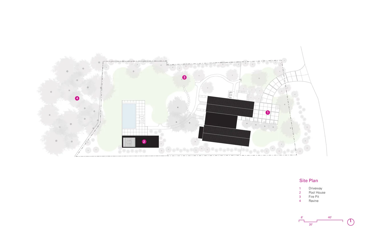 Site plan for 'Two Gables' project highlighting driveway, pool house, fire pit, and ravine.