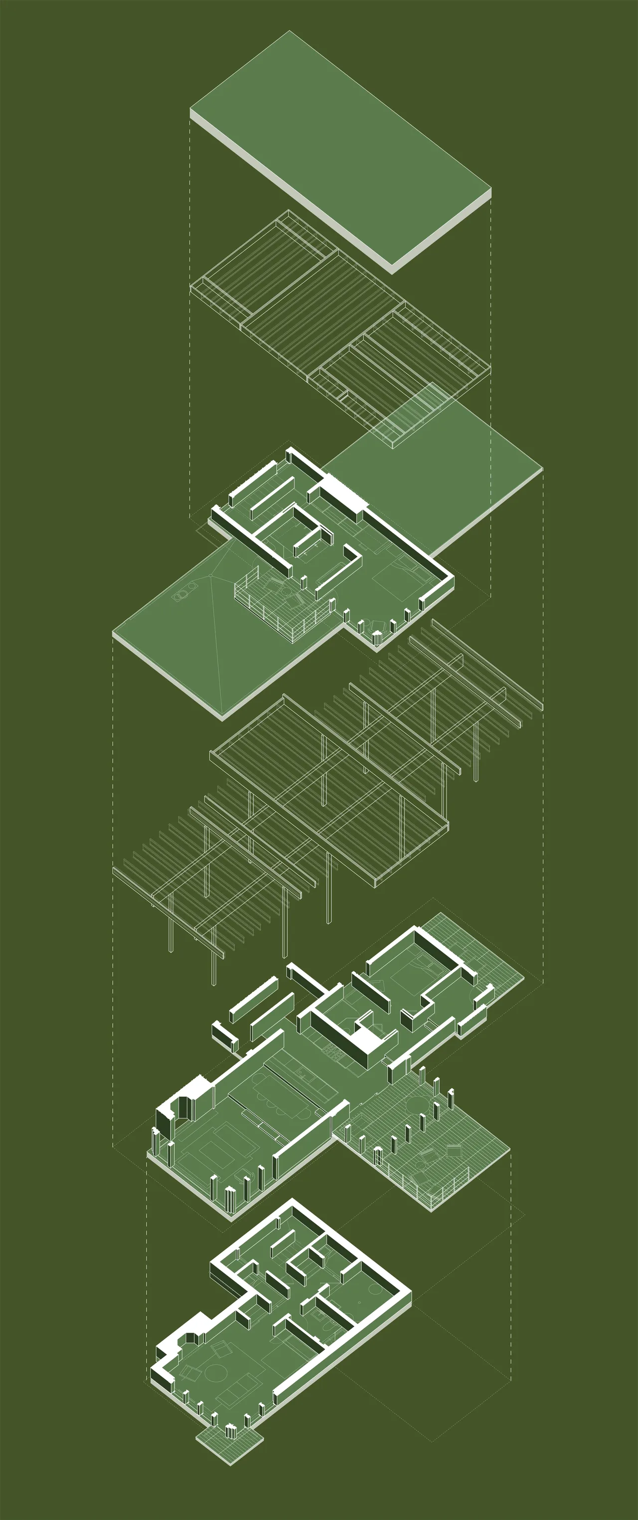 Exploded axonometric view illustrating the layered floor plans and structural framework of the Lawless Retreat project.