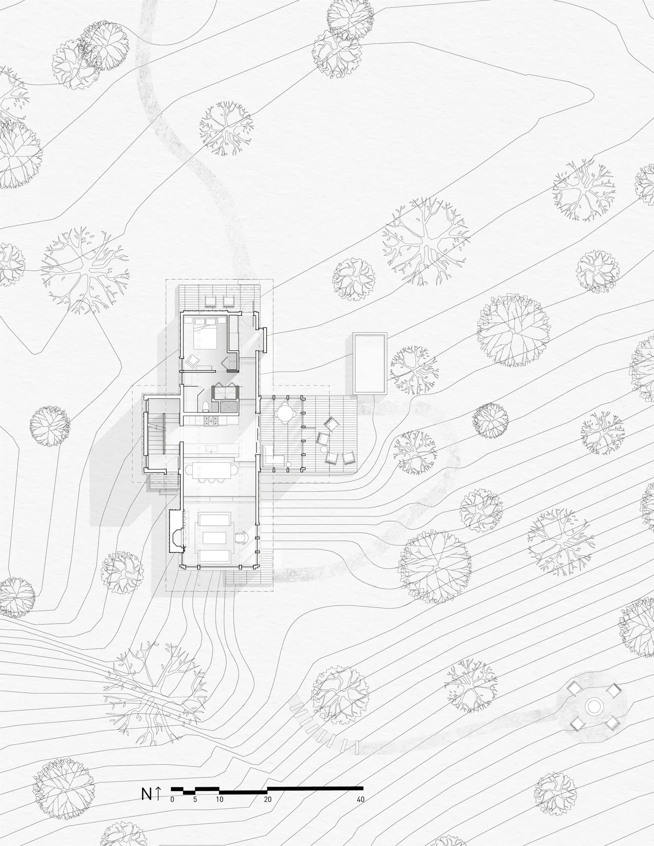 Site plan drawing of Lawless Retreat showcasing building layout, contour lines, and landscaping elements including trees and outdoor seating