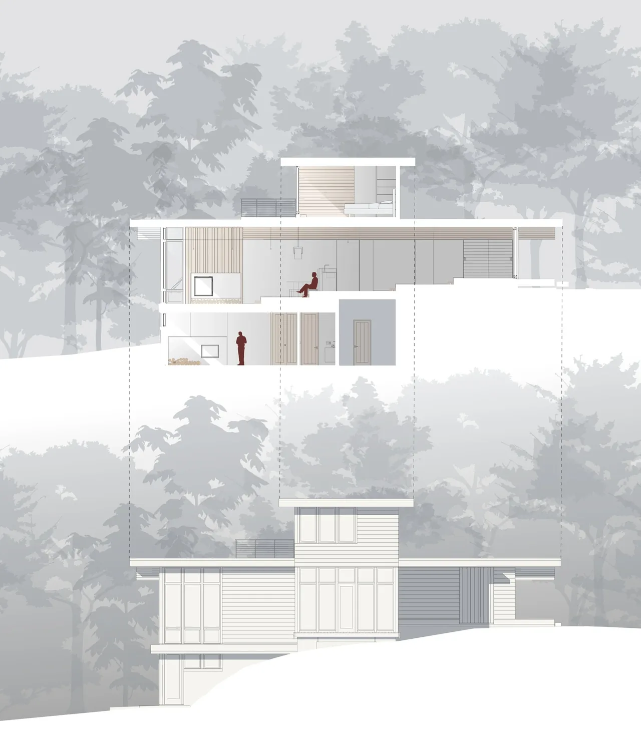 Section and elevation drawing of a multi-story residential building with detailed interior and exterior elements.
