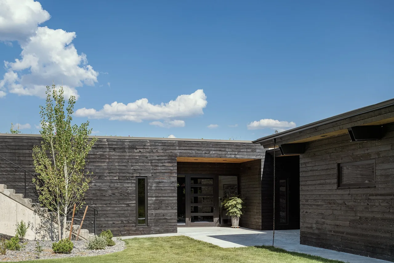 Modern residence featuring dark wood siding and a flat roof in a landscaped yard.