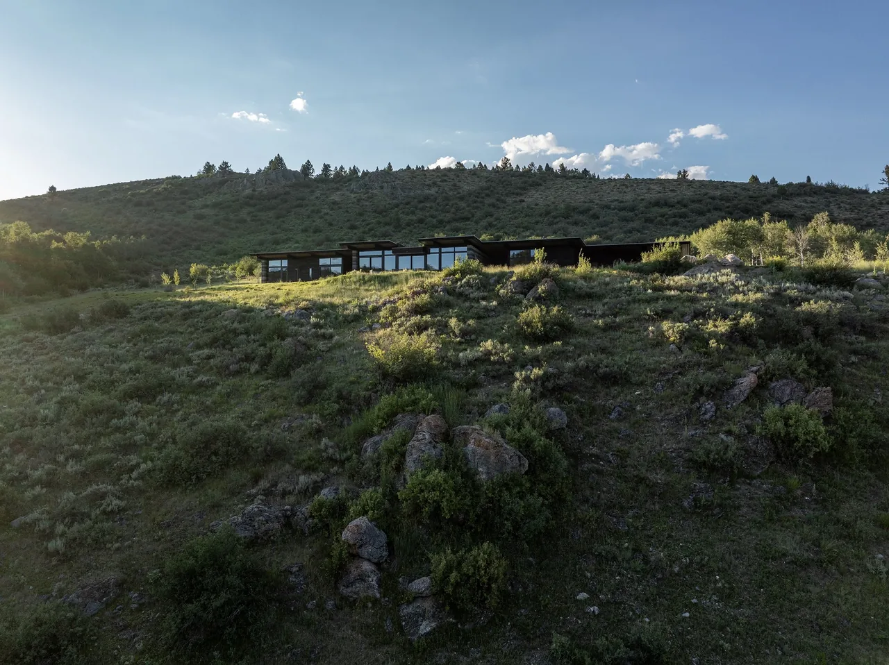 Exterior front view of a modern hillside residence with extensive floor-to-ceiling glazing.