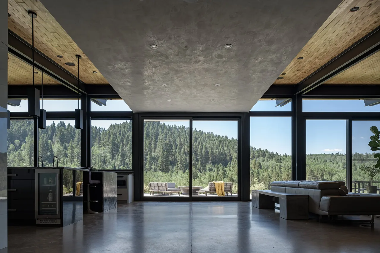 Open-plan living area with floor-to-ceiling glazing and concrete floor in Freedom Residence