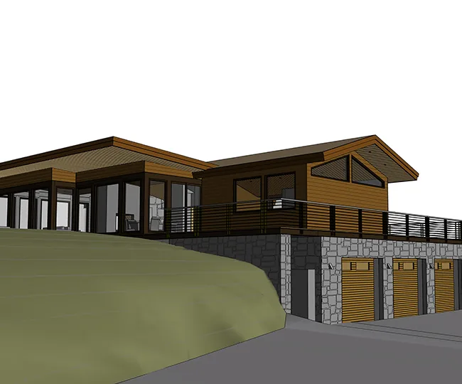 Skyline Ranch Residence features a two-story design with a stone facade on the lower level and wood cladding above, including large windows and a balcony railing.