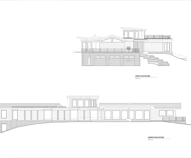 Two elevation drawings showing west and north views of the Skyline Ranch Residence with mixed material facade and large windows.