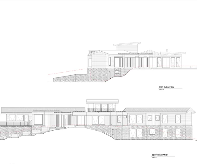 Elevation drawings of Skyline Ranch Residence show the house's hillside integration with varied window sizes and materials.