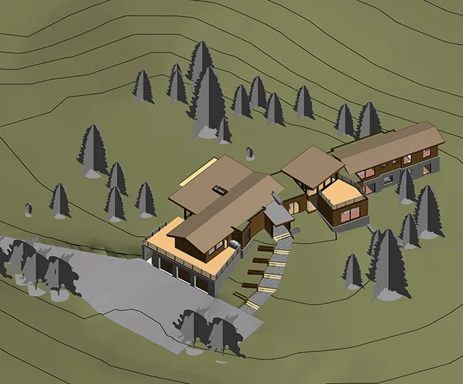 Skyline Ranch Residence features a two-story elevation with mixed stone and wood facade set on a hillside site.