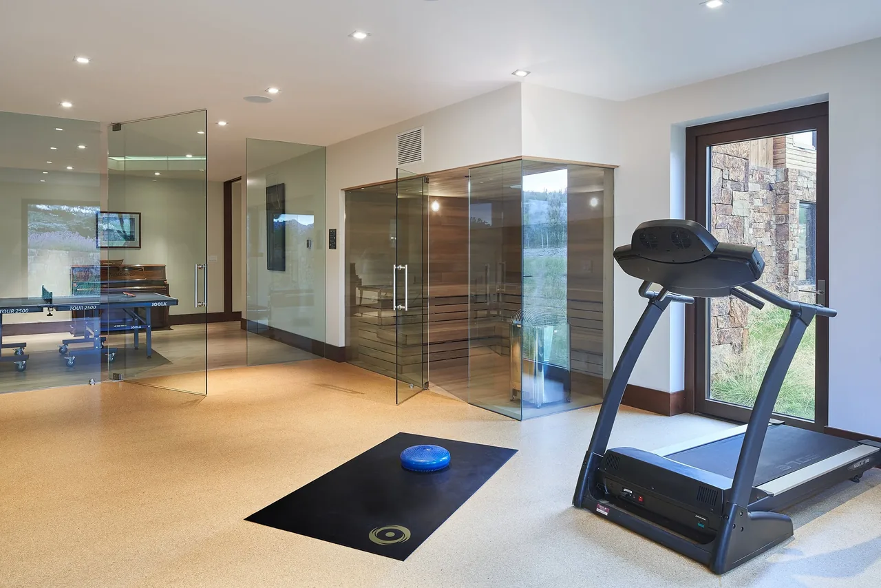 Home gym includes a treadmill, exercise mat, and glass-enclosed sauna next to a stone wall seen through a door.