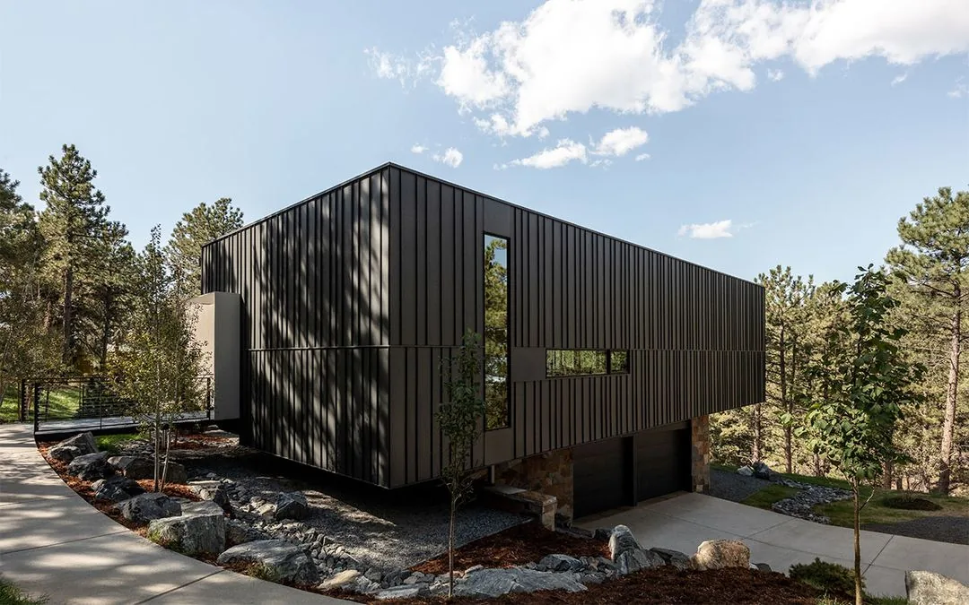 The exterior of House 59 features black vertical metal siding and large rectangular windows over a stone base with a two-car garage.