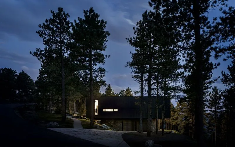House 59 is a modern elevated structure with a dark exterior, situated in a wooded landscape at night.
