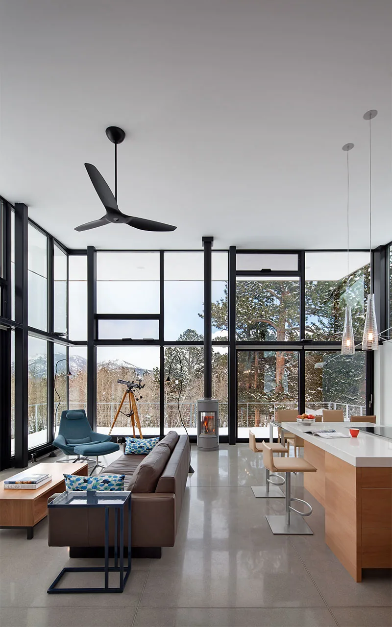 Modern open-plan living room and kitchen with floor-to-ceiling glass walls and views of a snowy landscape.