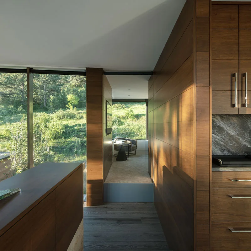 A narrow hallway with wood paneling leads to the living area featuring floor-to-ceiling windows with views of greenery.