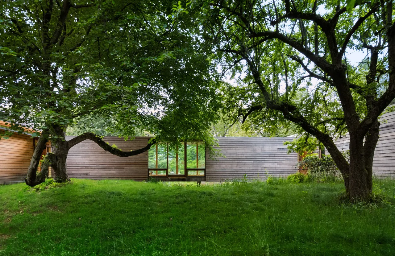 Low wooden structure of the Connecticut Residence surrounded by mature trees and natural landscaping.