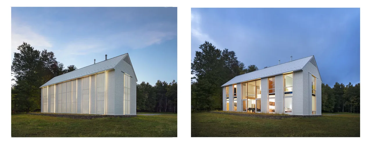 Two evening views of a modern Pennsylvania farmhouse with large windows and vertical metal siding under a metal gable roof.