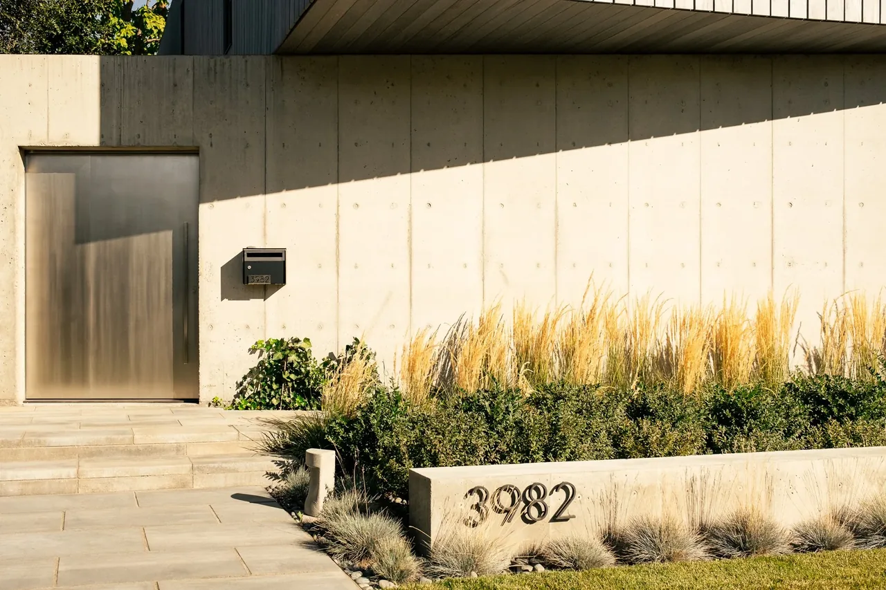 Smooth concrete wall with a tall metal door and mailbox next to landscaping including tall and short grasses.