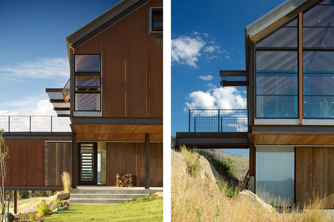 Sunshine Canyon House shows wood siding with large windows and metal-railing balconies on its hillside site.
